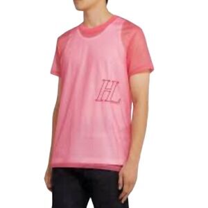 Helmut Lang Sheer Organza Logo T Shirt Pink Mesh Tee Men's XXS Embroidered HL